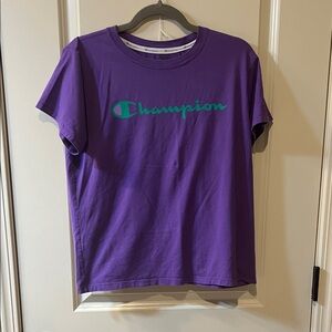 Champion Purple Tee with Teal Script Logo